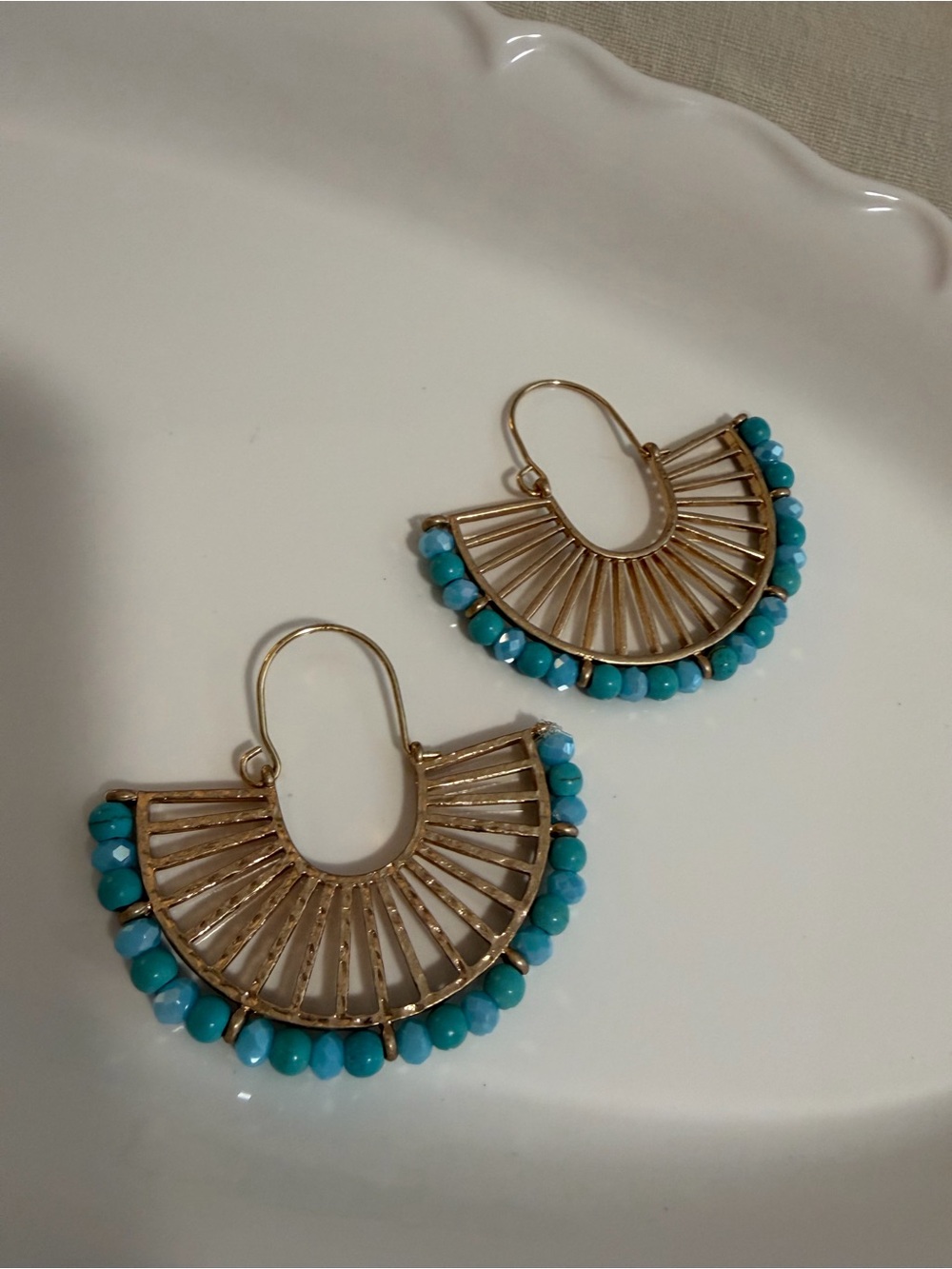 Turquoise Color Beaded Fan Drop Earrings